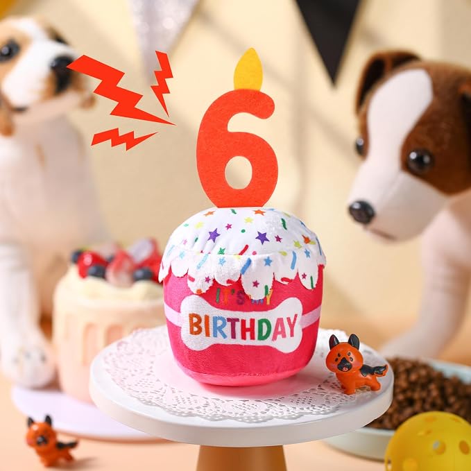 Dansydaisy Dog Birthday Cake Toy Squeaky Plush Toy for Girl Boy Gifts, Chew Accessories for Dog Birthday Party Decor Favor for Large, Medium and Small Dogs(6th,Pink)