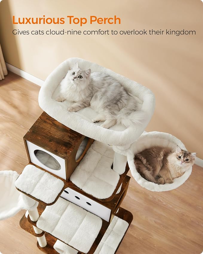 Feandrea Cat Tree, 75.6-Inch Modern Cat Tower, Tall Multi-Level Condo with 2 Caves, 2 Hammocks, 4 Scratching Posts, Self-Groomer, Tunnel, Perch, Rustic Brown UPCT193X01 | Tall Cat Tower, 4 Scratching Posts, Self-Groomer, Tunnel, Perch, Rustic Brown, CA...