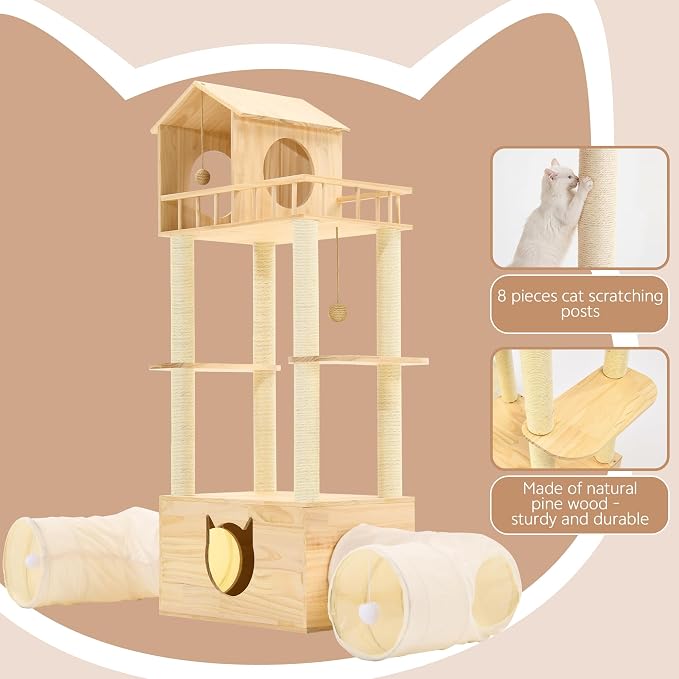 Wood Cat Tree with 2 Tunnels, 61''H Cat Tower for Adult Large Cats | Sturdy & Durable Pet Climbing Systems for Indoor, Multi-Level Wooden Tower with Scratching Posts, Runway, Burlywood