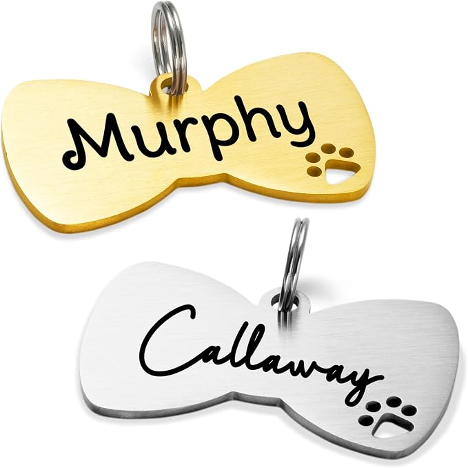 Ultra Joys Dog Tags Personalized for Pets - Hollow Paw Custom Pet ID Tag - Engraved Dog Tag for Small, Large Dogs - Large Bow Tie in Silver