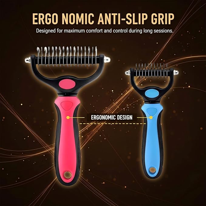 Dematting Comb for Dogs and Cats, 2026 New Undercoat Rake Pet Brush for Long Hair, 2-in-1 Dual-Sided Deshedding Dog Brush Removes Tangles Knots and Loose Fur, Grooming Tool for Thick Coats (Blue M)