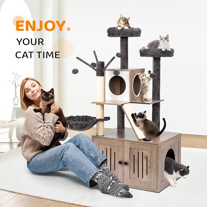 VINGLI Cat Tree Tower with Litter Box, 54" H All-in-1 Wooden Cats Condo, Cat Tower wih Scratching Posts, Houses for Indoor Kittens Hidden Cat Washroom Furniture (Gray & Wood, 54" H)
