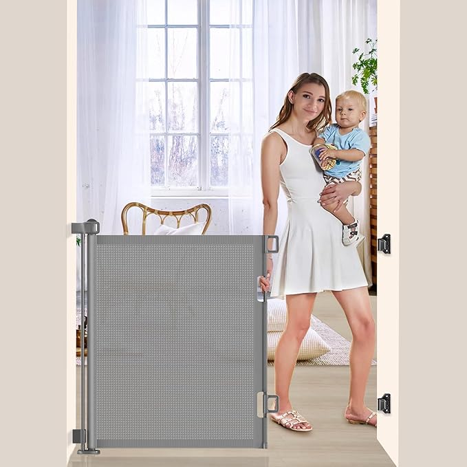 55 inch Retractable Baby Gates, EZIGO Extra Wide Baby Gate for Large Opening Extra Long Mesh Gate for Kids or Pet Dog Gate Child Safety Gate for Stairs Hallways Doorway Indoor Outdoor, Gray
