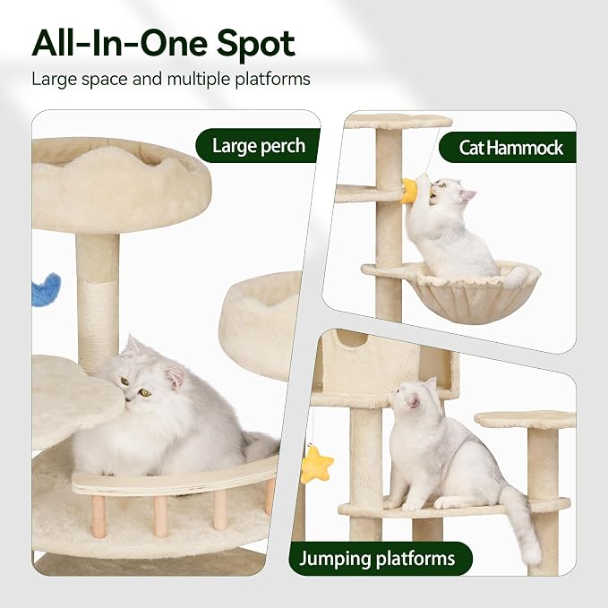 Meecal 79 Inch Tall Cat Tree Tower for Large Indoor Adult Cats, Beige | Extra Large Cat Tree with Scratching Post, Plush Condo, Perch, Hammock & Toys, Multi-Level Indoor Activity Center, Heavy Duty
