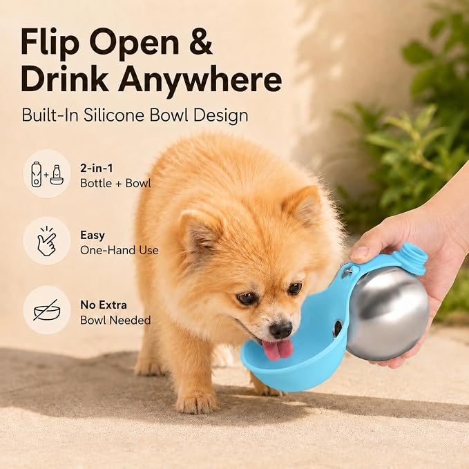 Cibaabo 2 in 1 Portable Dog Water Bottle with Bowl, 10 oz Stainless Steel No-Spill Travel Pet Water Dispenser with Collapsible Silicone Bowl for Small Dog & Puppy Walking Hiking Outdoor