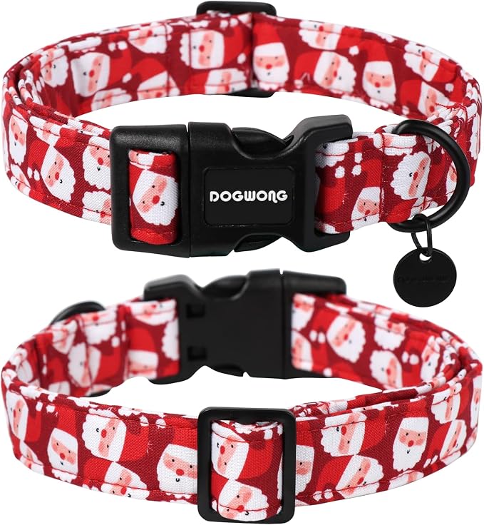 DOGWONG Christmas Cotton Dog Collar, Red Santa Claus Dog Collar Durable Holiday Pet Dog Collars Cute Puppy Necklace for Small Medium Large Dogs