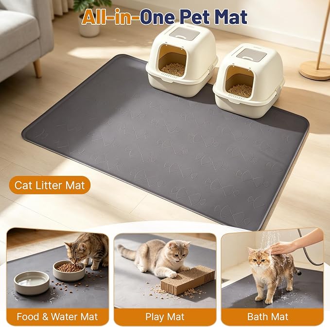 Cat Litter Mat, XL 54x34in Waterproof Silicone Litter Box Mat, Grey | XXL Cat Mat Fits 2-4 Litter Boxes, Litter Trapping Mat with Raised Edges, Non-Slip Bottom, Easy Clean Kitty Litter Mat