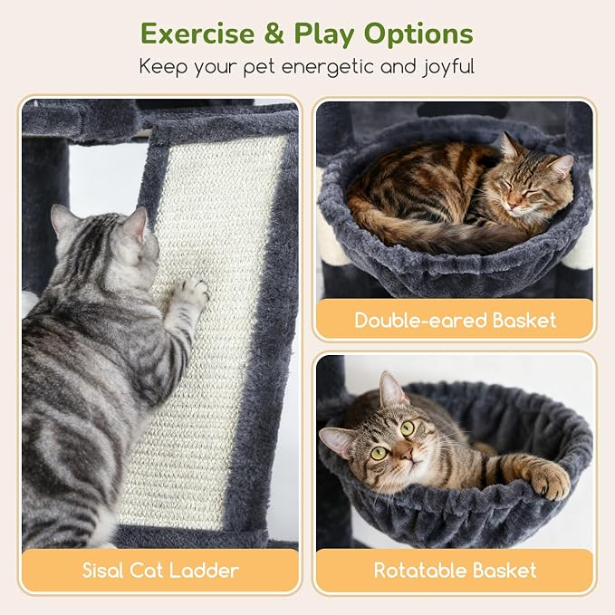 Globlazer 80in XXL Extra Large Corner Cat Tree Tower S80G, Dark Grey | Cat Condo For Indoor Cats Large Adult & Kitten, Scratching Posts & Board, Cozy Caves, Widened Perches, Adjustable Baskets