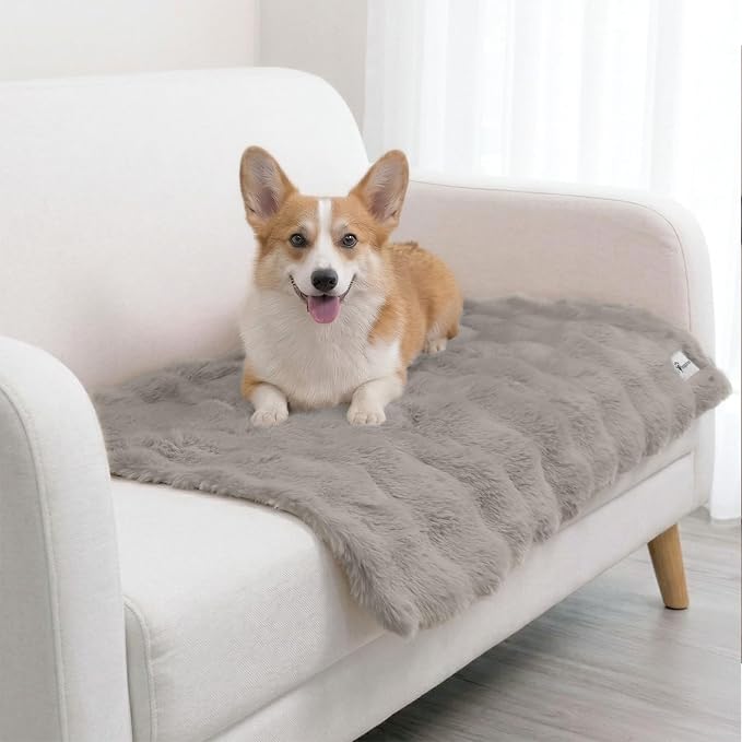 Paw Inspired Waterproof Dog Blanket, Soft Faux Fur Throw with Fur-Resistant Fleece, Washable Pet Blanket, Waterproof Protection for Couch, Bed, Furniture, Crate, Car (40x30, Gray)
