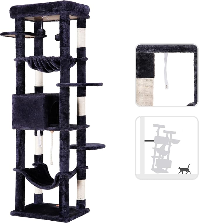 Heybly Cat Tree for Large Cats 20 lbs, 69 inches Cat Tower HCT031G | Heavy Duty Cat Condo for Indoor Cats, Multi-Level Furniture with Big Padded Plush Perch, Cozy Basket, Smoky Gray