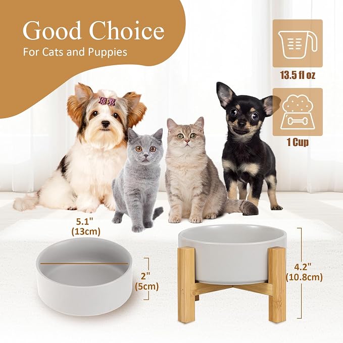 Elevated Ceramic Cat Bowl - Cat Food Bowl with Bamboo Stand - Raised Dog Dish for Puppies - Anti Vomiting, Stress Free - 13.5 oz / 400 ml - Grey