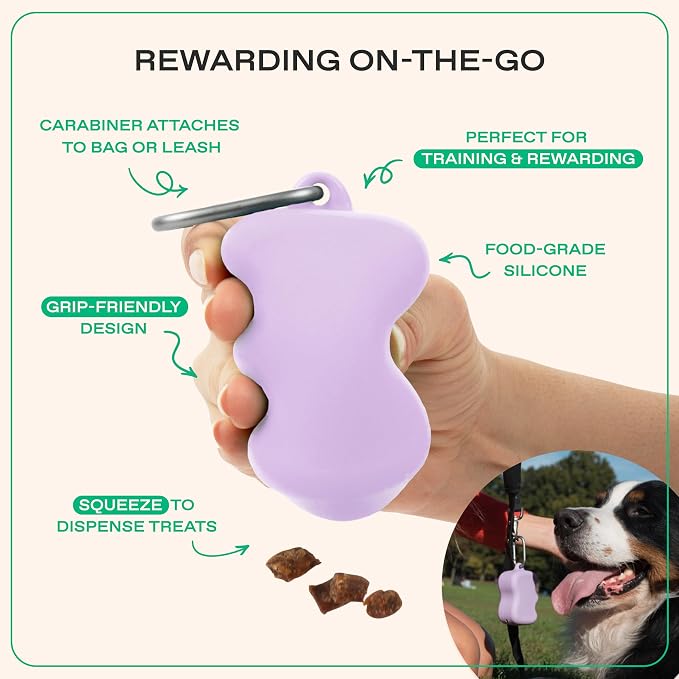 Springland Silicone Dog Training Treat Pouch for Leash, Lilac | One-hand squeeze dispenser, food-grade silicone, BPA-free, carabiner included, easy-fill holder for rewards on the go