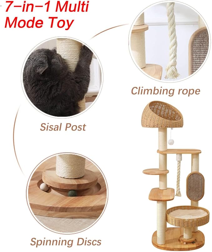 50 in Wooden Cat Tree for Indoor Cat, Large Cat Tower | Multi-Level Cat Condo,Modern Tall Design, with Scratching Post, with Hand-Woven Cat Bed, for Medium Size Cat, Easy to Clean