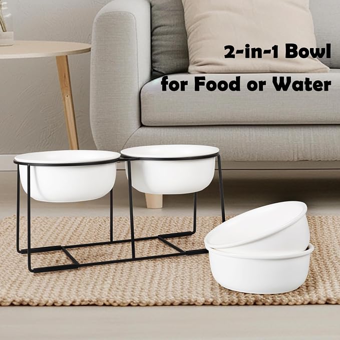 Ceramic Elevated Dog Bowl Set - Raised Double Feeding Bowls with Metal Stand - Pet Dishes for Medium and Large Dogs - 5.8 Cups - 47.3 fl oz - Matte White