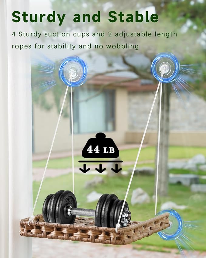 SETVSON Cat Window Perch 2-in-1 Cat Window Hammock Bed, Wall Shelves | Handwoven PE Rattan Kitty Seat with 4 Suction Cups, Double-Sided Washable Cushion Bed, 2.3" Fence, 16.5x12.6 In, Home Decor