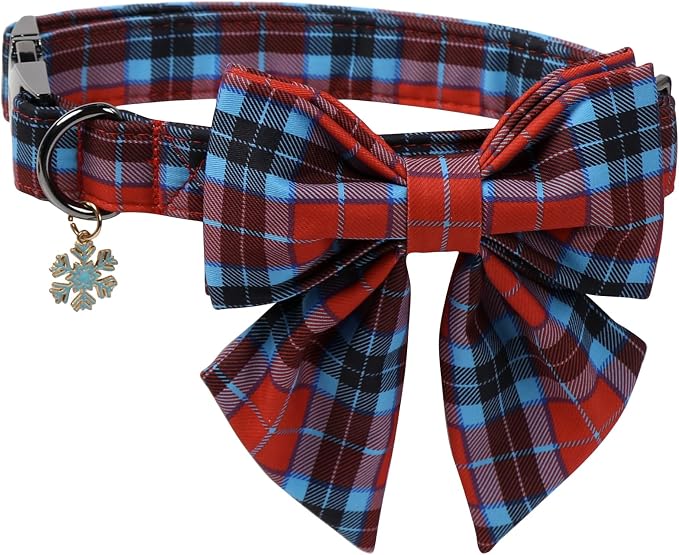 DOGWONG Christmas Dog Collar with Bow Tie, Red Green Plaid Dog Collar Durable Metal Buckle Adjustable Soft & Cute Red Grid Dogs Collars for Small Medium Large Dogs, L