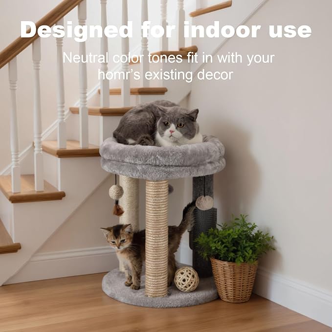 MECOOL 4in1 Small Cat Tree,Scratching Post with Tower Soft Bed, Sisal Carpet Jute Posts with Three Hanging Ball Toys and Massage Brush for Indoor Cats and Kittens