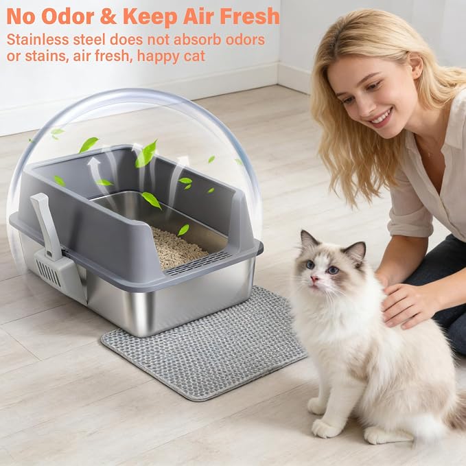 Stainless Steel Cat Litter Box with Lid, XL Metal Litter Box, Extra Large Litterbox for Big Cats, High Sided | Easy Cleaning | Odor-Free Includes Scoop and Mat