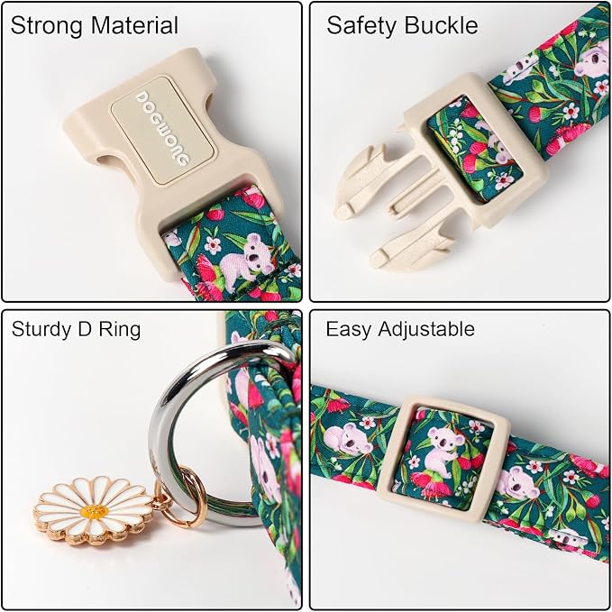 DOGWONG Cute Dog Collar, Flower Koala Dog Collar Durable Soft Fabric Pet Dog Collars Girl Female Puppy Necklace for Small Medium Large Dogs