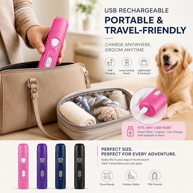Pet Nail Grinder for Dogs and Cats, 2-Speed Electric Dog Nail Trimmer, Extral Steel Pet Nail Clipper, Rechargeable 2000mAh Nail Grinder for Small Medium Large Dogs with 2 LED Lights, Pink
