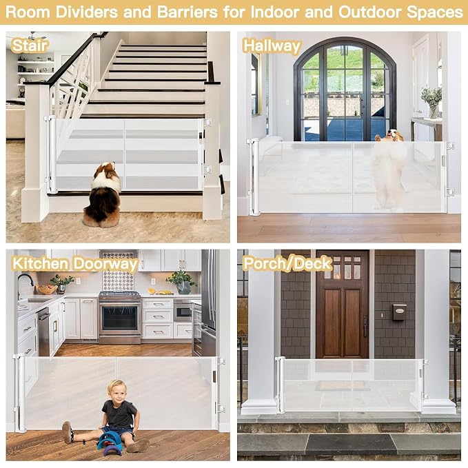 Reinforced 28 Inch Tall Retractable Baby Gates for Dogs, Easy Step Over Pet Gate with Support Rods, 55" Wide Retractable Dog Gate, Puppy Gates for The House Short Dog Gate for Stairs, Doorways, White