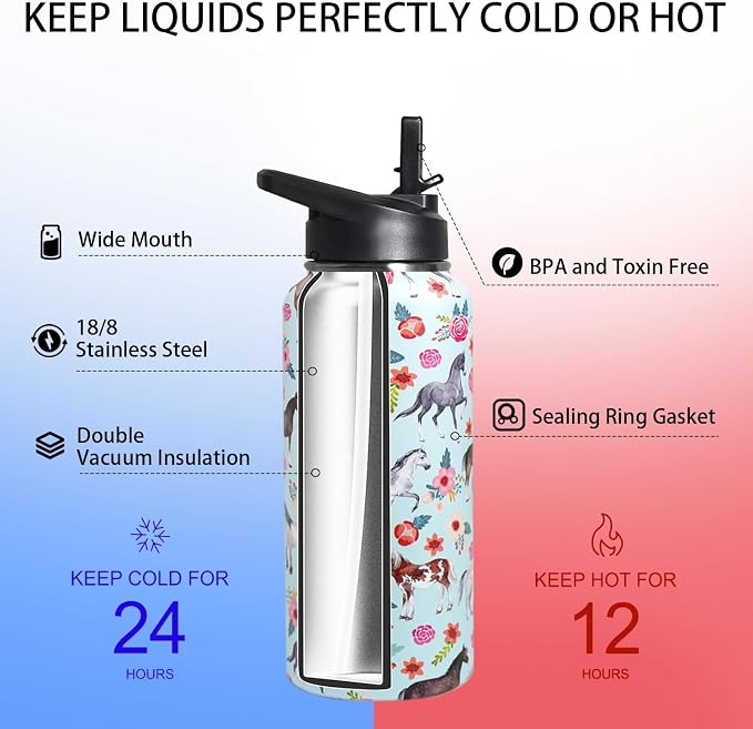 32oz Horse Stainless Insulated Aater Water Bottle with Straw,Horse Gym Hiking Sports Coffee Mug Cup Water Bottles,Horse Gifts for Women,Horse Decor Stuff Accessories