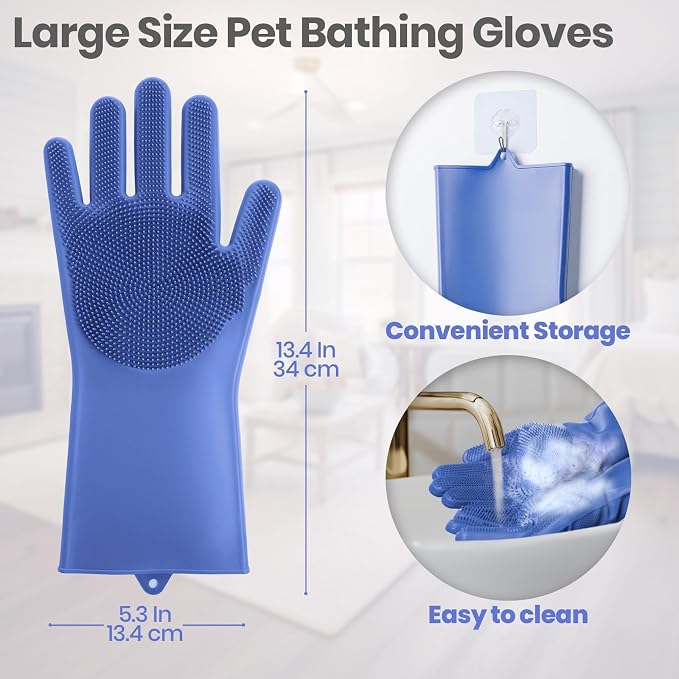 DELOMO Large Silicone Pet Grooming Gloves Dog Washing Gloves, 1 Pair Blue | 3000 Soft Silicone Bristles, 5-Finger Flexible, Massages & Removes Fur, Non-Slip, Easy Clean, for Dogs/Cats/Horses