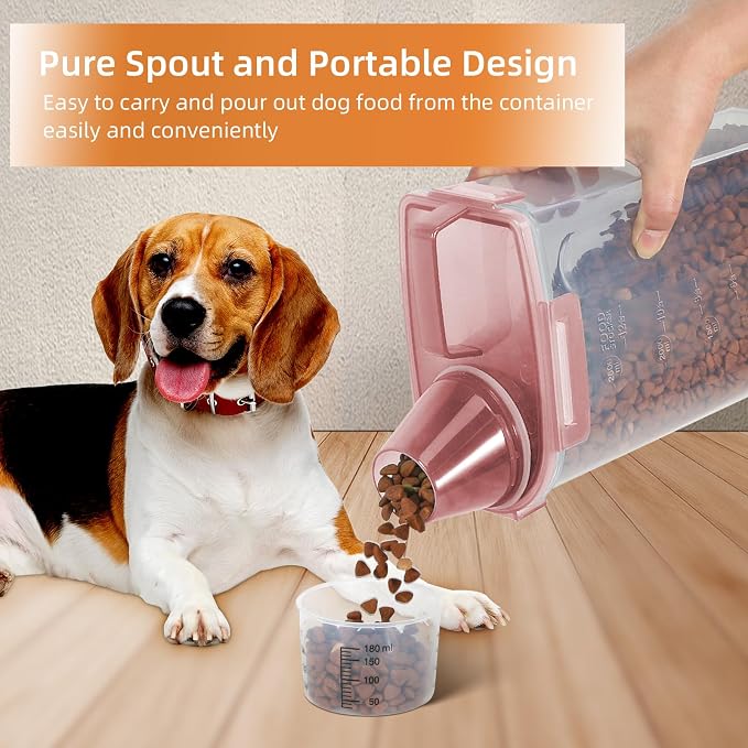 LEAWALK 3-5Lbs/3Qt Dog Cat Storage Container Portable with Upgraded Large Spout and Cup. Plastic Pet Food Dispenser for Small Animal Kibble, Bird Seed, Oatmeal, Rice, Flour, Brown Sugart (Clear PInk)