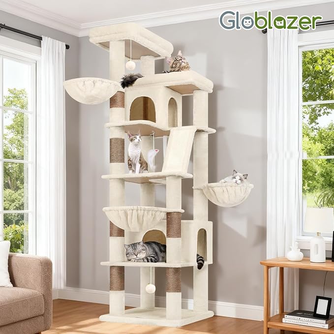 Globlazer 80in Extra Large Tall Corner Cat Tree Tower, S80G, Beige | Multi-Level Cat Condos for Multiple Indoor Cats Large Adult Kittens, Scratching Posts, 2 Widened Perches, Adjustable Baskets
