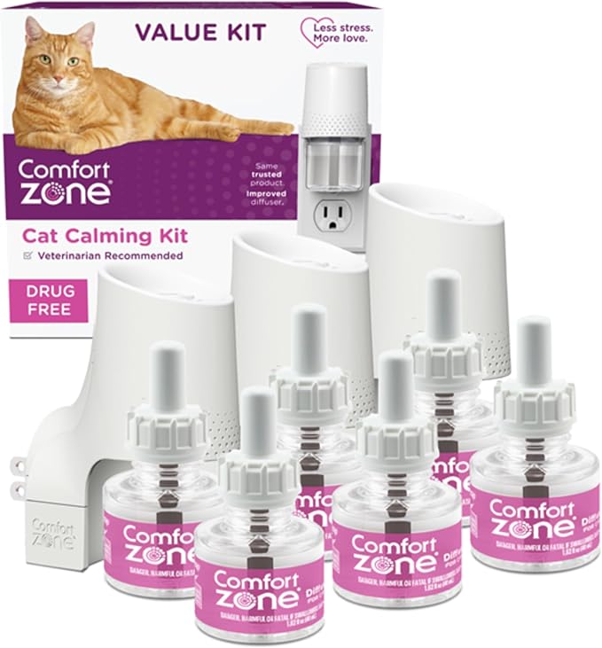 Comfort Zone Cat Calming 3 Room Value Kit, 3 Diffusers & 6 Refills | Refillable diffuser, Reduces cat stress & urine marking & scratching, drug & fragrance free, expert recommended, 24/7 calming