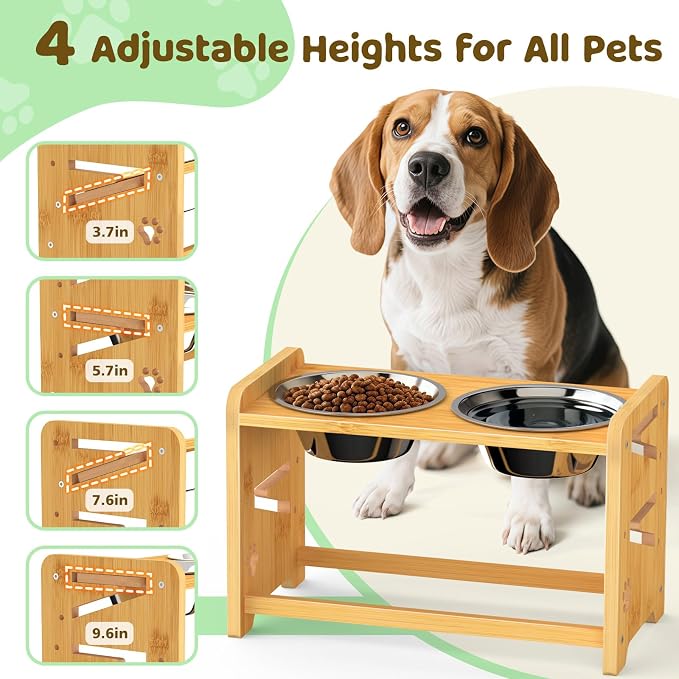 Elevated Dog Bowls, Adjustable Raised Dog Bowl Stand for Medium and Small Dog, 11" High Bamboo Pet Food Feeder with 2 Stainless Steel Dishes（4 Heights）