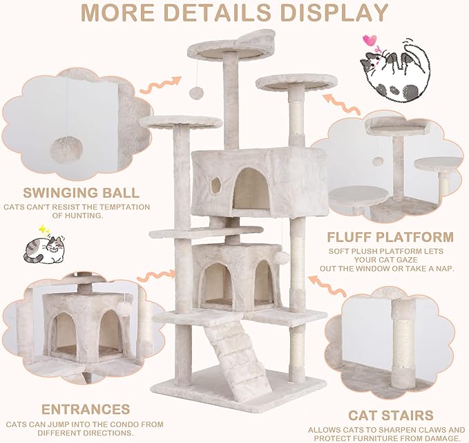 Heavy Duty Cat Tree Tower, 54" Tall Cat Tower for Indoor Cats with Cat Scratching Post with Bed, Cat Condo, Hanging Ball, Multi-Level Cat Climbing Tower Cat Trees Furniture Activity Center, Beige
