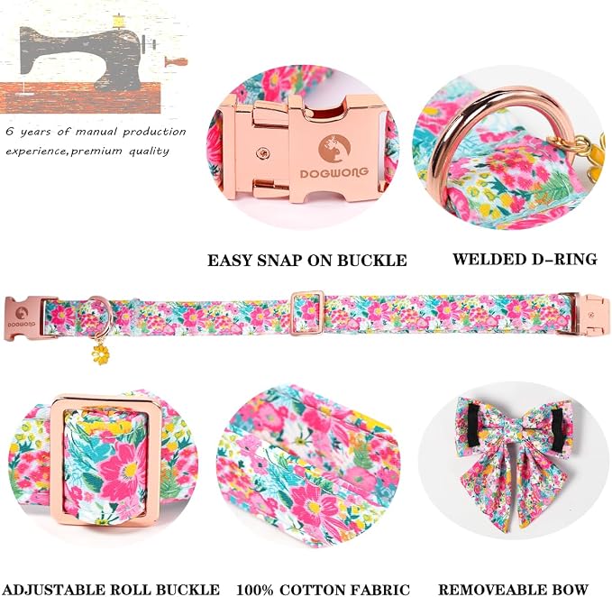 Floral Dog Collar for Girl Dogs, Spring Summer Pink Flower Dog Collar with Bowtie- Adjustable Female Sailor Bow Puppy Collar for Small Dogs XS
