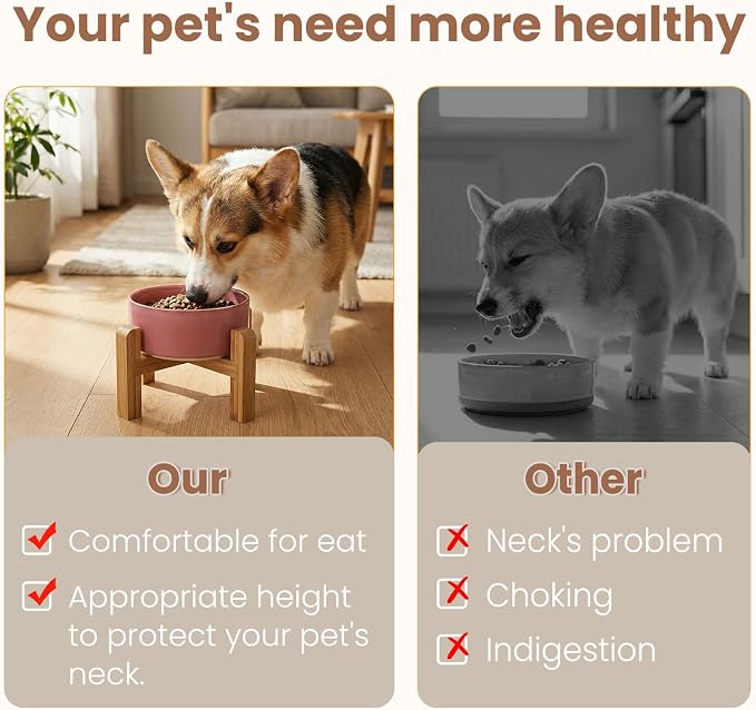 hjn Elevated Ceramic Dog Bowl with Bamboo Stand, Raised Pet Feeding Station for Small Medium Dogs Cats, Modern Design with Anti-Slip Base (Deep Pink, 3.6Cup)