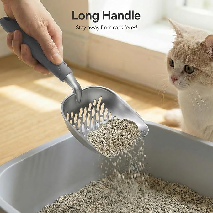Cat Litter Scoop, Large Long Handle Kitty Metal Scooper, Heavy Duty Aluminum Deep Sifter, Ergonomic Non-Slip Grip, Rustproof Durable Poop Cleaner for Cat Litter Box