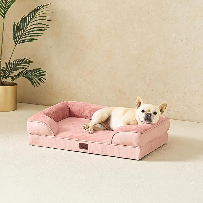 EHEYCIGA Orthopedic Dog Beds for Large Dogs, Waterproof Memory Foam Large Dog Bed with Sides, Non-Slip Bottom and Egg-Crate Foam Pet Couch Bed with Washable Removable Cover, Dusty Pink，36x27