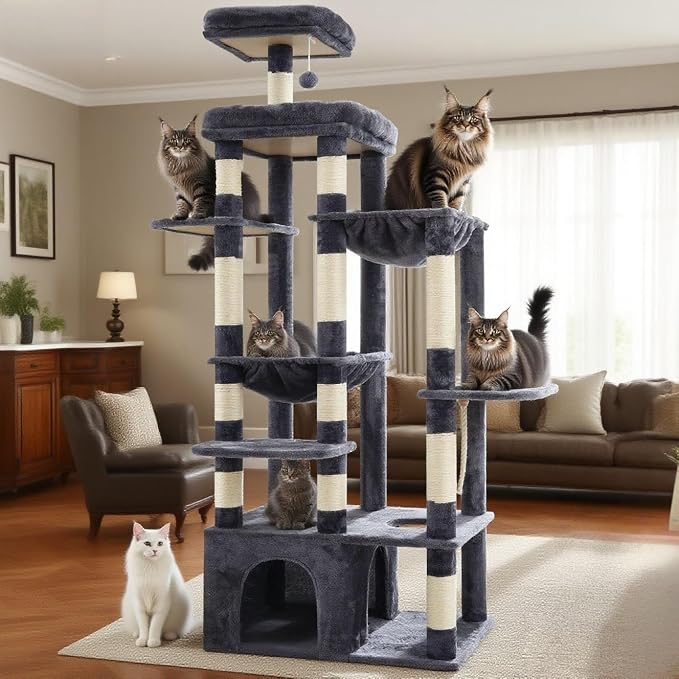Heybly Cat Tree, 71-Inch Tall Cat Tower for Large Maine Coon Cats HCT037G | Cat Condo Furniture with Extra-Large Baseboard, Multi-Level Platforms, 2 Hammocks and 12 Scratching Posts, Smoky Gray