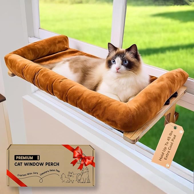 [Ready to Gift] PURRHOUSE 45LBS Cat Window Perch with Bolster, Hammock Seat with Plywood & Metal Frame, Cat Bed for Windowsill, Bedside and Cabinet (Natural Wood & Brown Cushion, 24.8''W x 9.4''H)