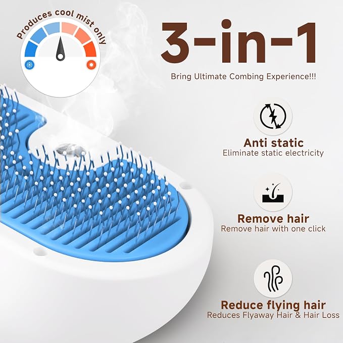 Pet Steam Brush for Dog & Cat - 3-in-1 Steam Grooming Brush for Shedding & Hair Removal - Self Cleaning Spray Comb with Mist for Long Haired Pets, Blue(waterless shampoo not include)