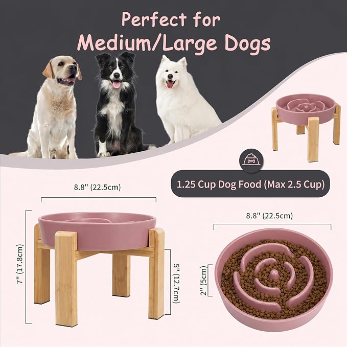 Elevated Slow Feeder Dog Bowl Large Breed, 8.8 Inch Ceramic Slow Eating Bowl with Bamboo Stand, Anti-Choking Raised Maze Design for Medium to Large Dogs, 3.2 Cup, Pink