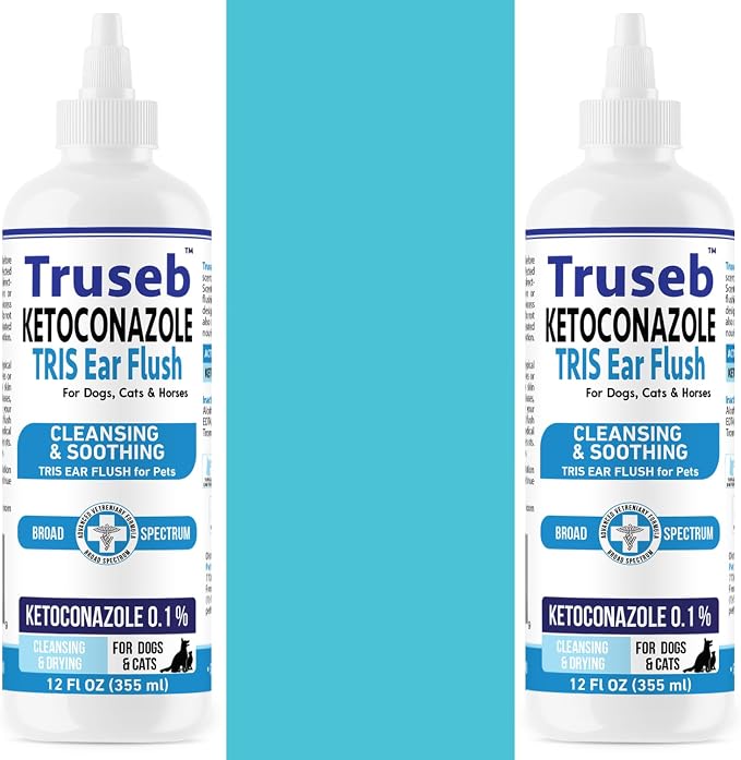 Truseb Cat & Dog Ear Infection Treatment Solution Flush – Medicated Ketoconazole TRIS with Trizmax EDTA (Tromethamine, Disodium Edta) Dog Ear Cleaner, Flush Wash (Ketoconazole Ear Infection Flush 24oz
