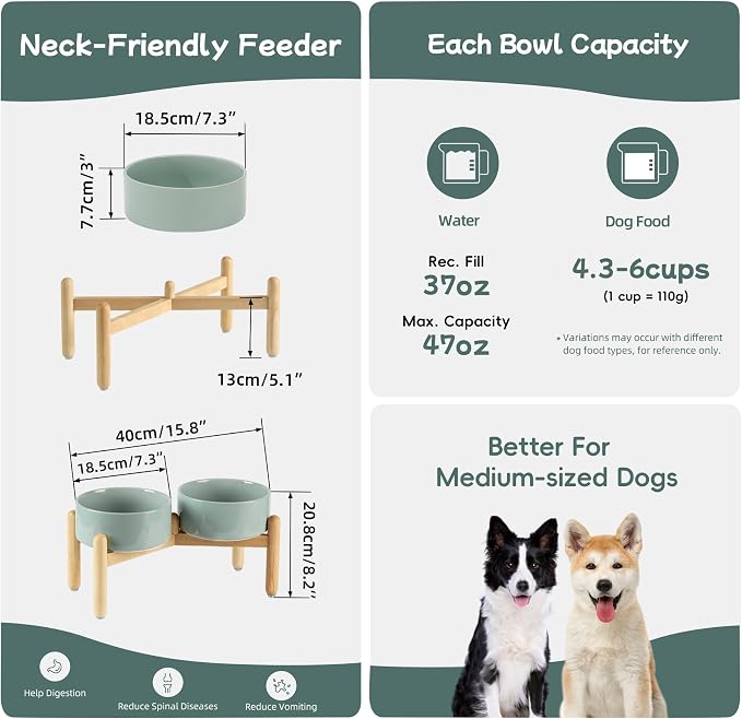 Havniva 7.3inch Ceramic Raised Dog Bowl with Stand, Double Dog Bowls Elevated for Medium Breed Dog Food and Water Bowl Set Non-Slip Dog Dish Large Capacity Feeding Pet Water Bowl