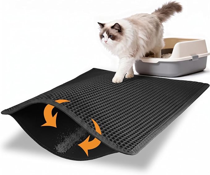 Pieviev Kitty Litter Mat, Double-Layer Waterproof Design, 30" x 24" Black | Honeycomb Litter Box Mat Catches Scattered Particles to Stop Tracking, Urineproof Base protects Floors, Easy to Clean
