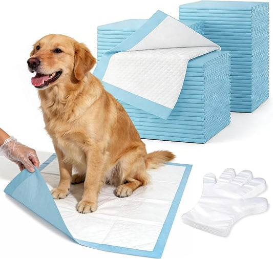 23inx35in Diaper Pee Pads for Dogs, Extra Large Disposable Training Pads 40 pc Plus 100pcs Gloves,Quick-Odor Control Training Pee Pads with 6-Layer Super Absorbency Leak-Proof Design