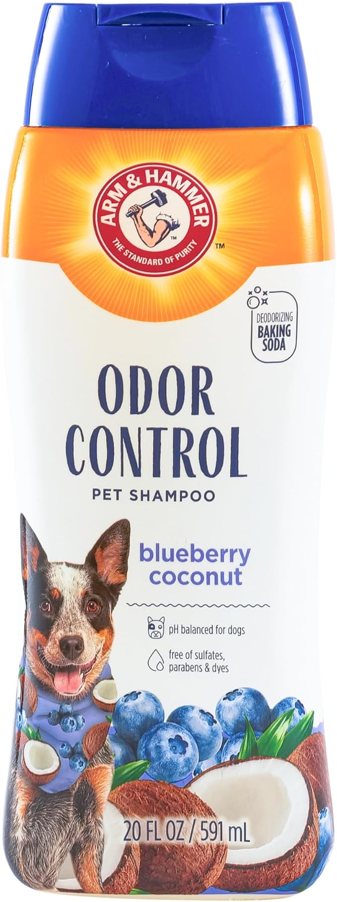 Arm & Hammer Odor Control Dog Shampoo, Blueberry Coconut, 20 Fl Oz | Baking soda enhanced, pH-balanced formula, free of sulfates, for all dogs and puppies, daily grooming