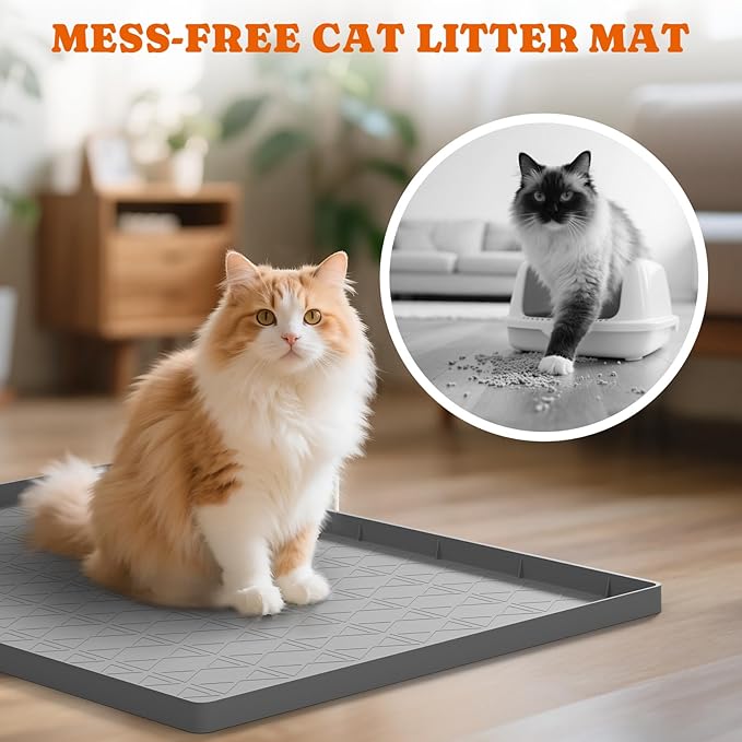 Pawtners Silicone Cat Litter Mat 34 x 22 in, Easy to Clean | Non-Slip Kitty Litter Mat for Floor, Waterproof & Urine-Proof Cat Litter Mat Litter Trapping Mat, Soft on Kitty Paws