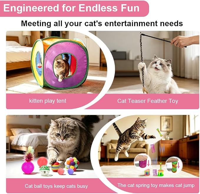 Retro Shaw 33 Pack Cat Toys for Indoor Cats, Collapsible Kitty Tunnel Tent with Feather Teaser Wand, Springs Balls Bell Mouse Interactive Kitten Hideaway Playhouse 15.7 Inches