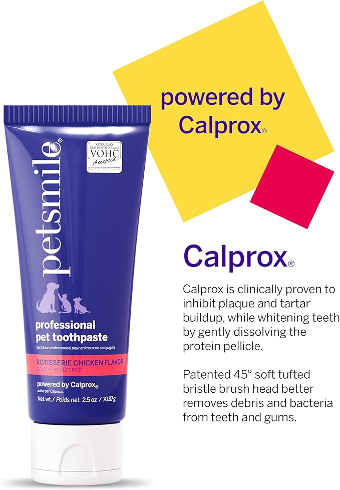 Petsmile Professional Pet Teeth Brushing Kit for Cats & Dogs - VOHC Accepted Toothpaste & Patented Toothbrush - Proven to Control Plaque & Tartar Calprox Formula (Rotisserie Chicken, 2.5 Oz)