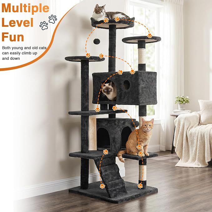 FDW | 54" Cat Tree Tower | Dark Gray | Multi-Level Indoor Activity Center | with Sisal Scratching Posts, Condos, Plush Perches, Hanging Cat Toys | Sturdy, Easy to Assemble | for Kittens & Adult Cats