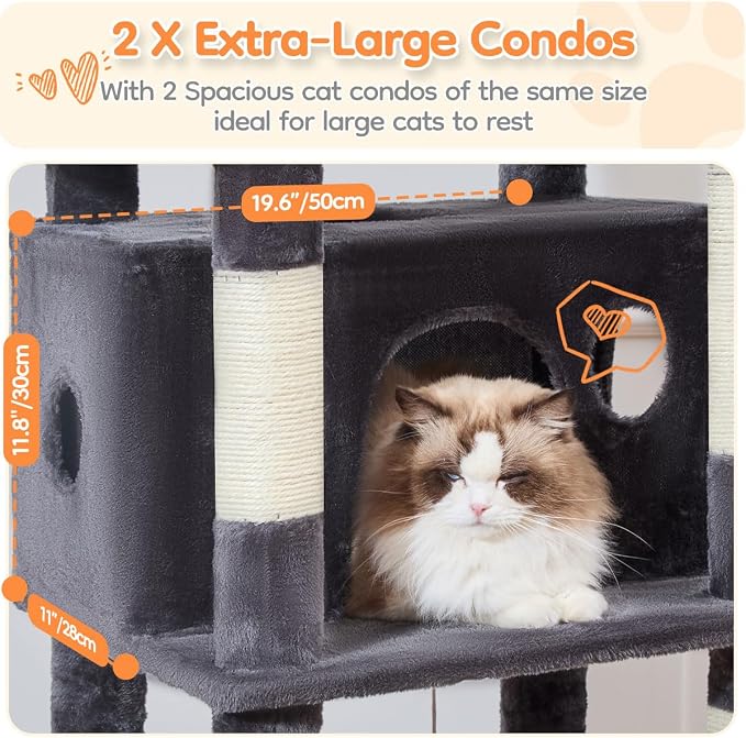 Taoqimiao Heavy Duty Cat Tree, 73In Sturdy Cat Tower for Large Cats 25lbs+ | 2 Widen Condos, Enlarged Sleeping Platform, 9 Scratching Posts, 2 Cozy Baskets, Cat Toys, Smoky Gray, F30G